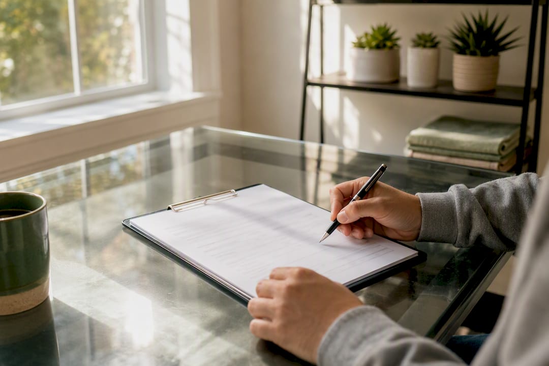 Completing health questionnaire on clipboard