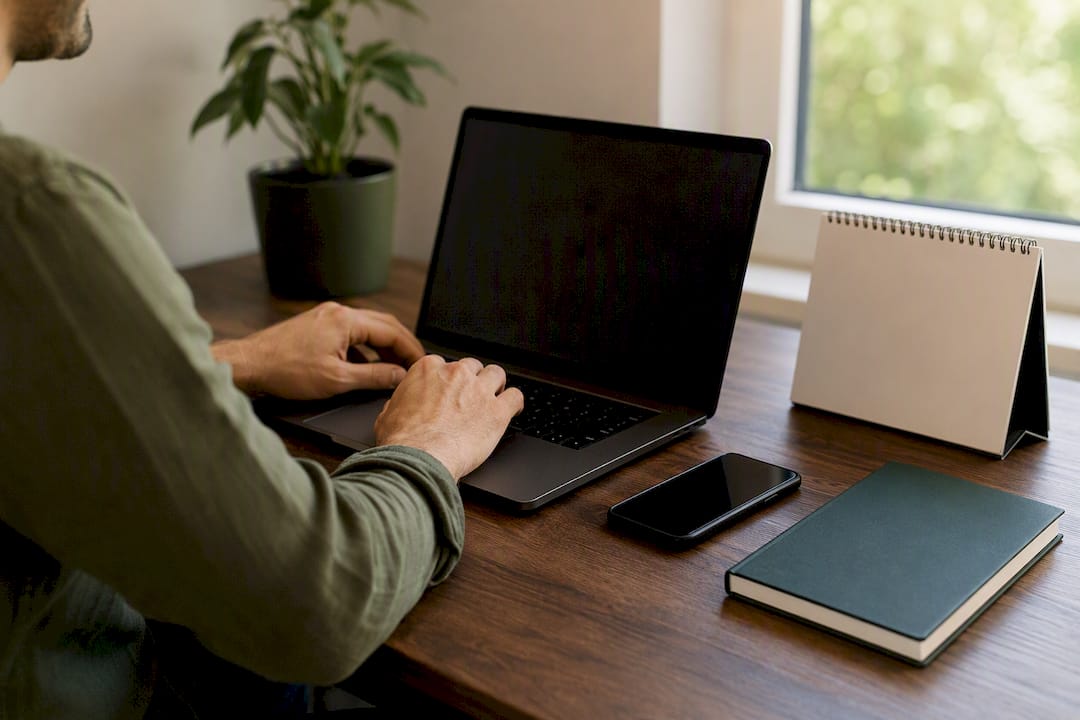 Hands holding smartphone over laptop in home office
