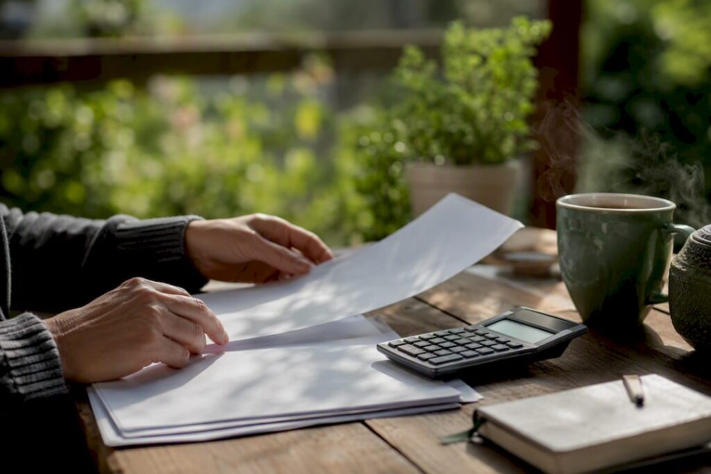 Hands arranging tax paperwork with calculator