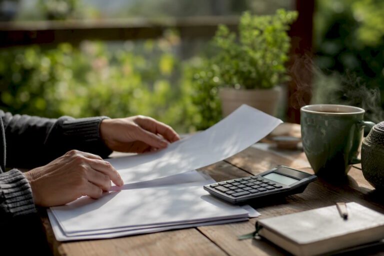 Hands arranging tax paperwork with calculator