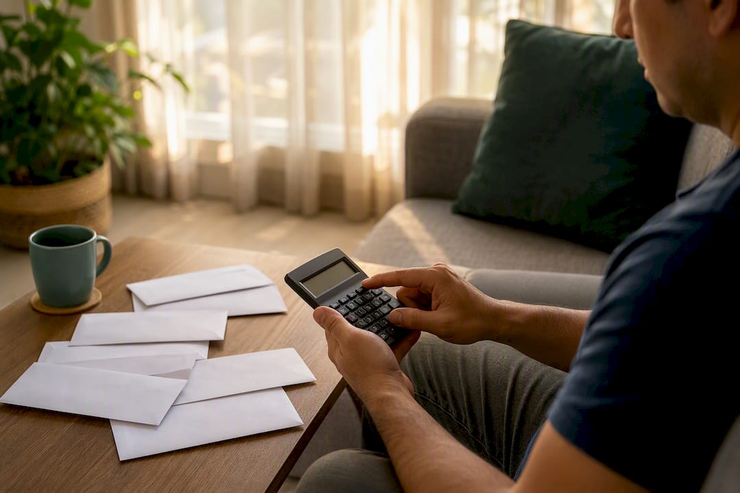 Hands with calculator and bills overhead view