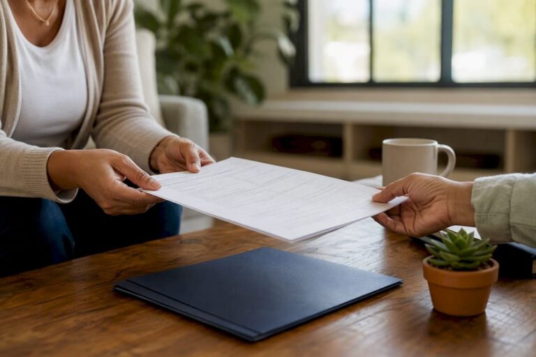 Hands exchanging Spanish insurance form