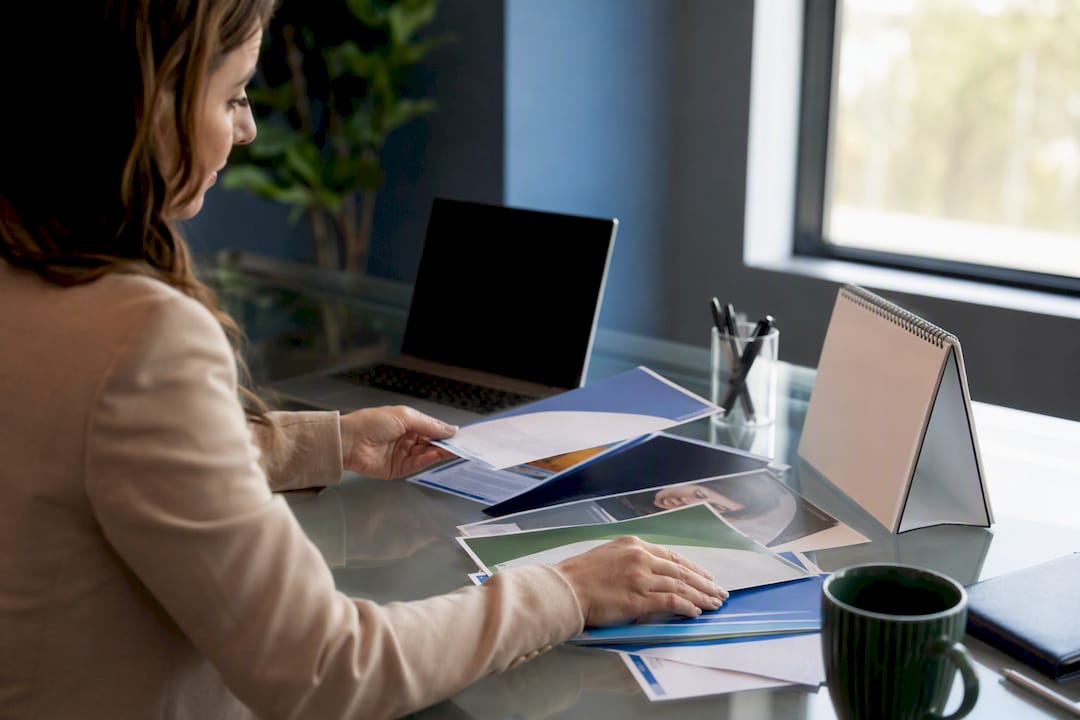 Broker sorting insurance brochures