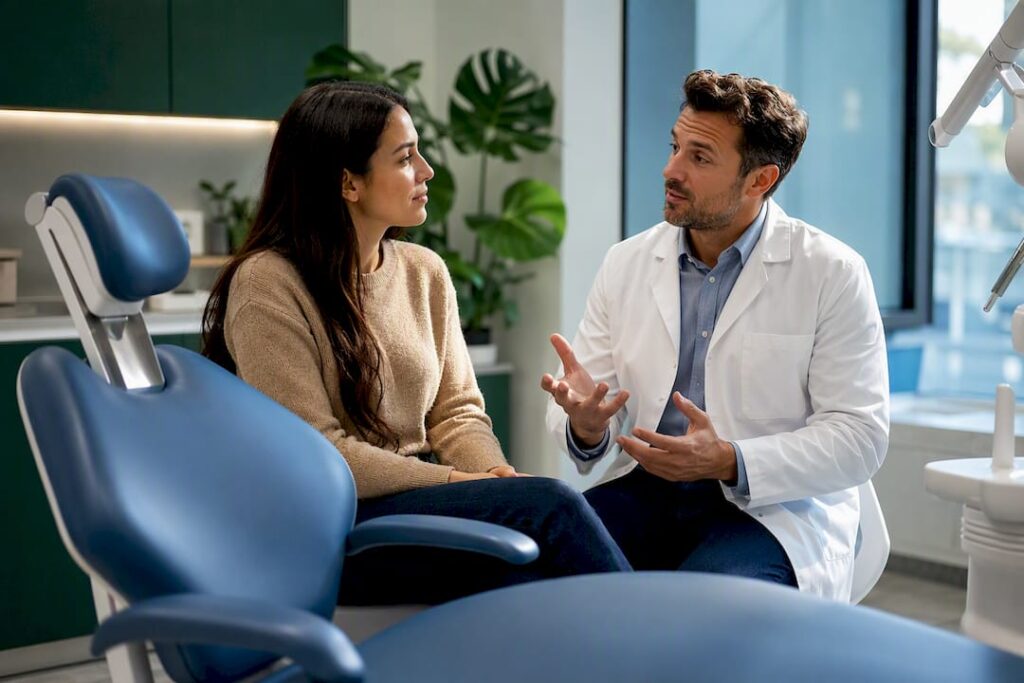 Patient discussing dental treatment timing with dentist