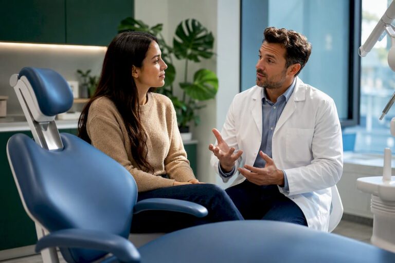 Patient discussing dental treatment timing with dentist