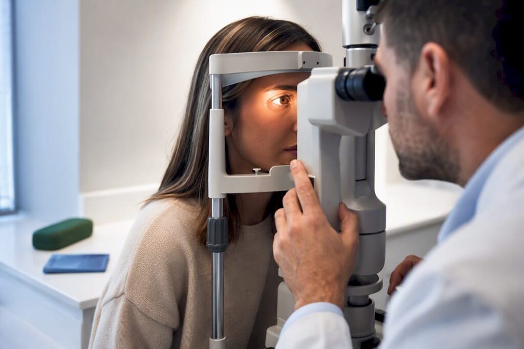 Optometrist performing a patient eye examination