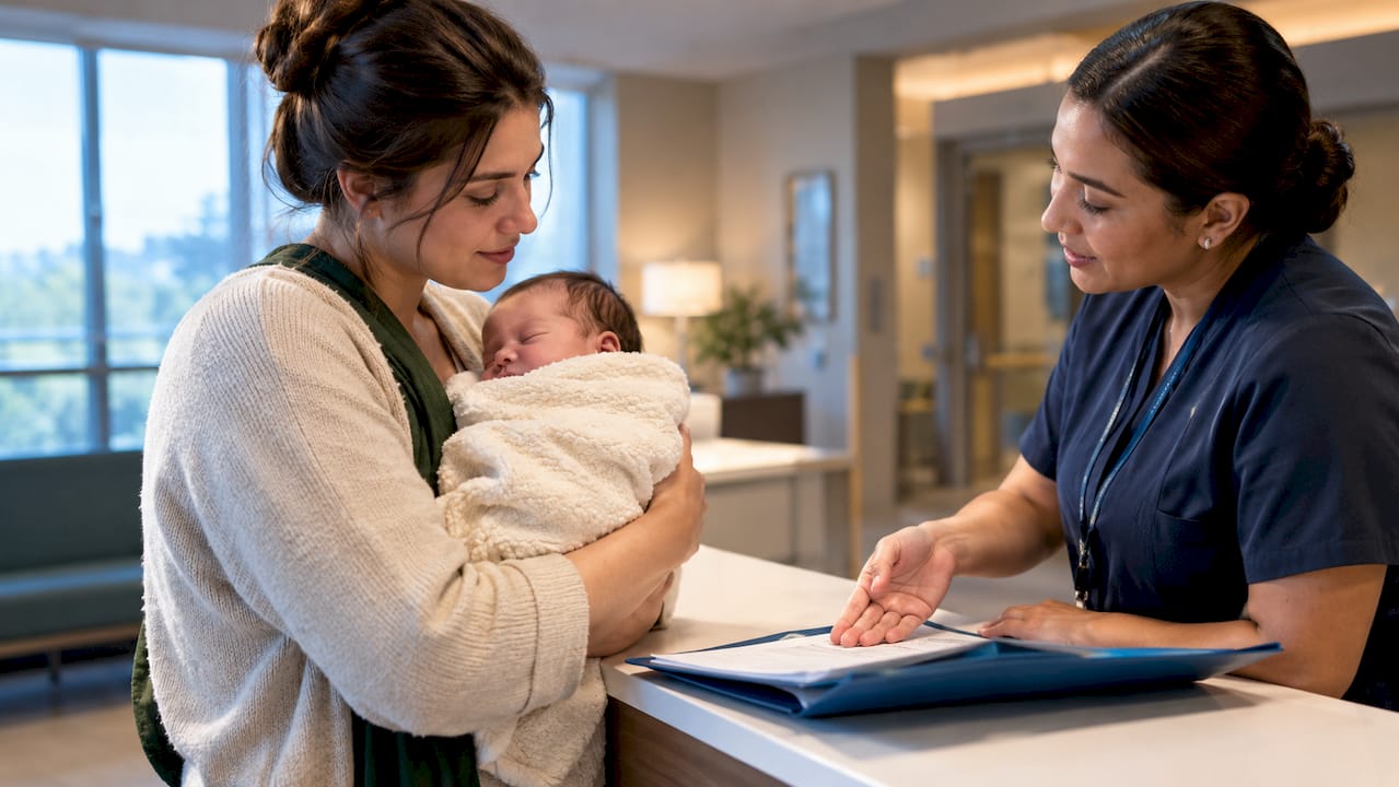 Parent holding newborn at hospital discharge desk