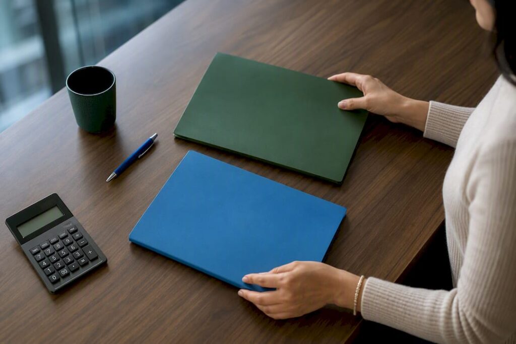 Hands comparing two health account folders
