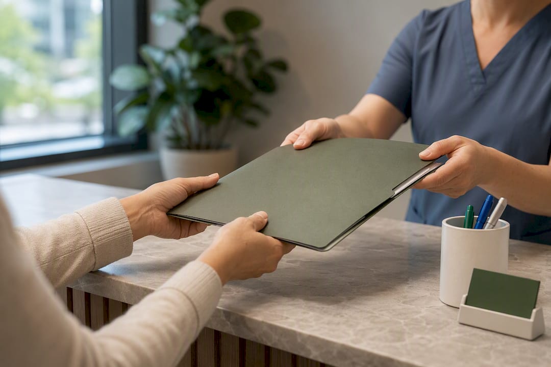 Patient receiving a superbill folder