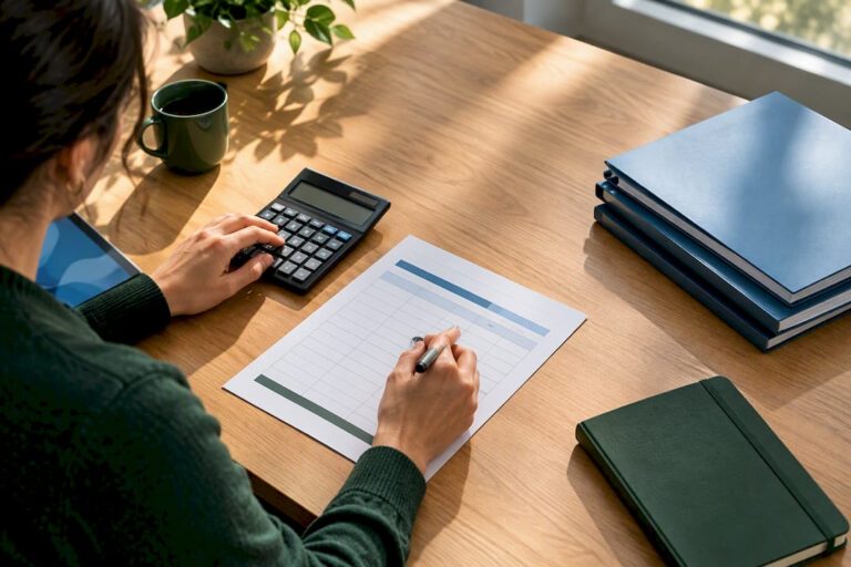Small business owner calculating insurance premiums