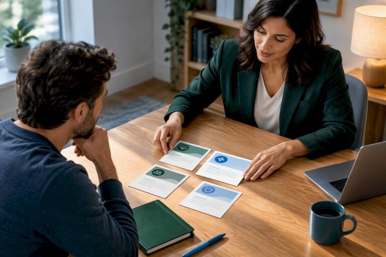 Broker and freelancer comparing health coverage options