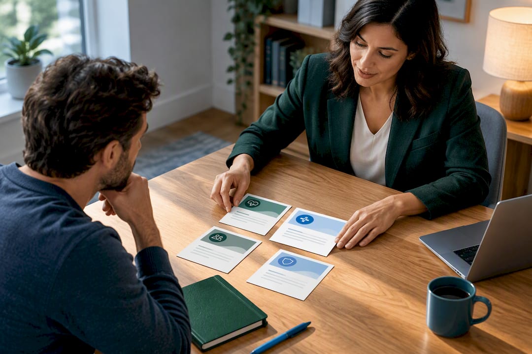 Broker and freelancer comparing health coverage options