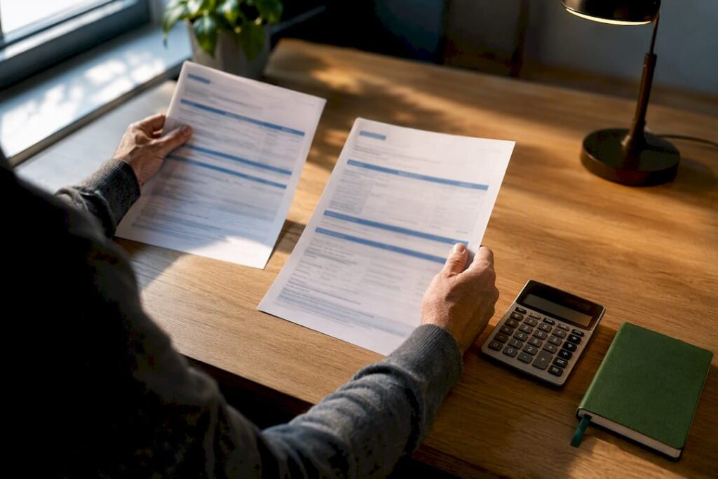 Hands comparing two health insurance plan summaries