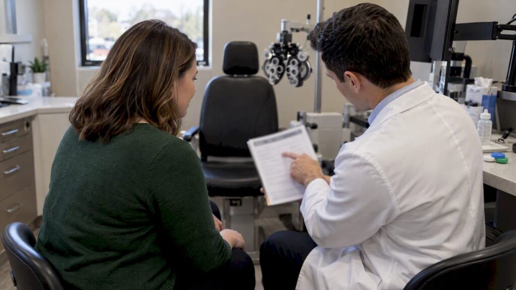 Patient reviewing contact lens coverage with optometrist
