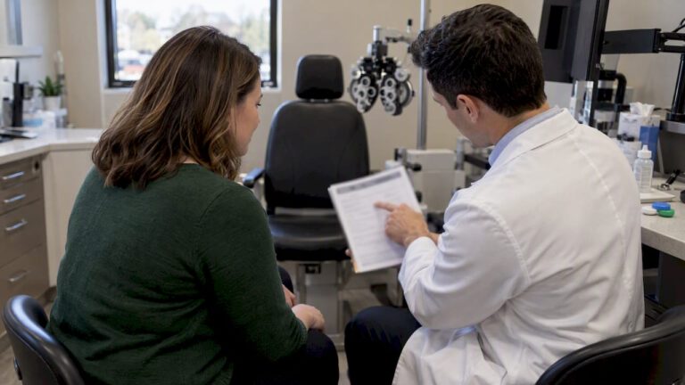 Patient reviewing contact lens coverage with optometrist