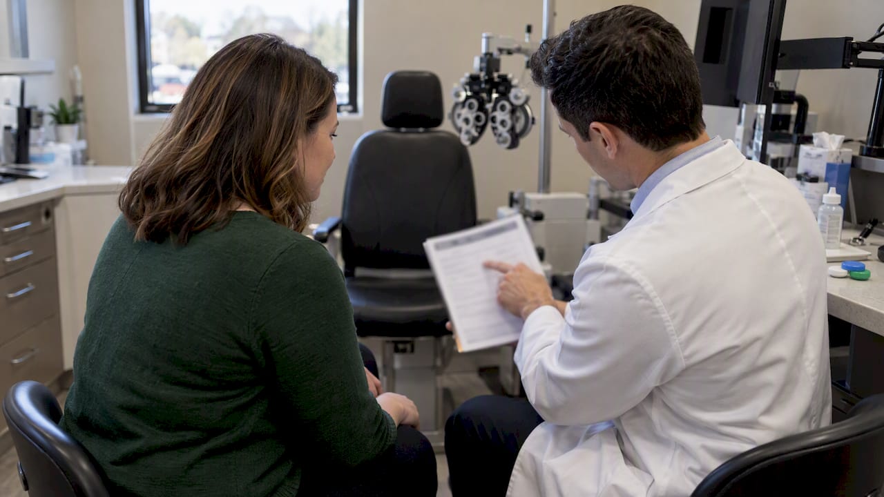 Patient reviewing contact lens coverage with optometrist