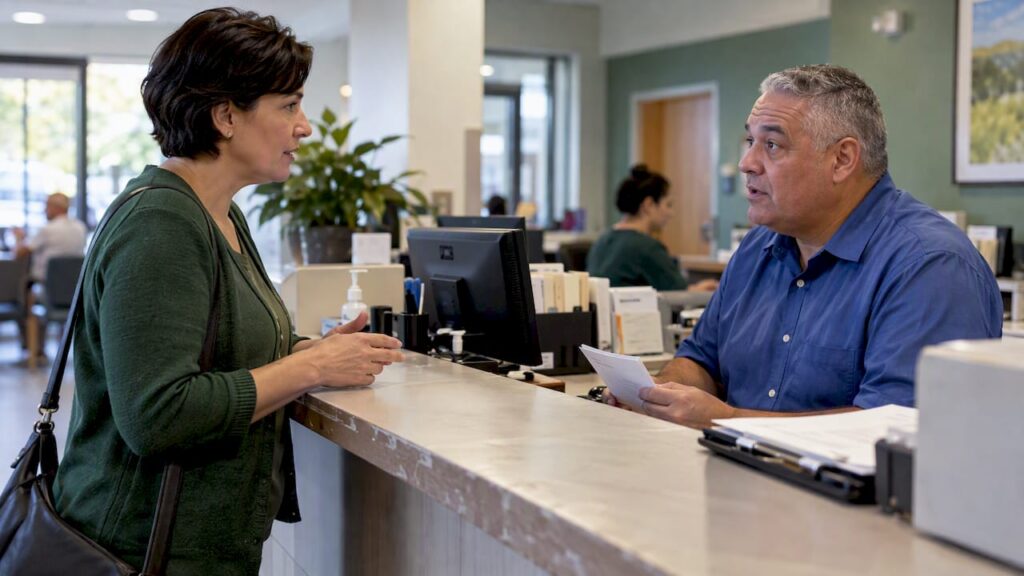 Patient checking network status with clinic billing staff
