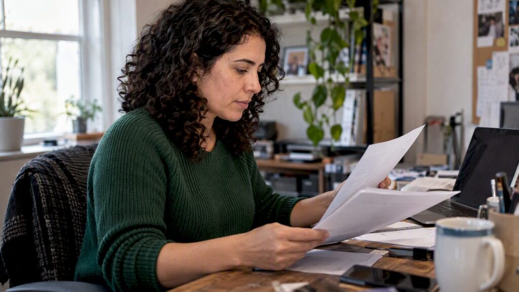 Woman comparing health plan costs at home
