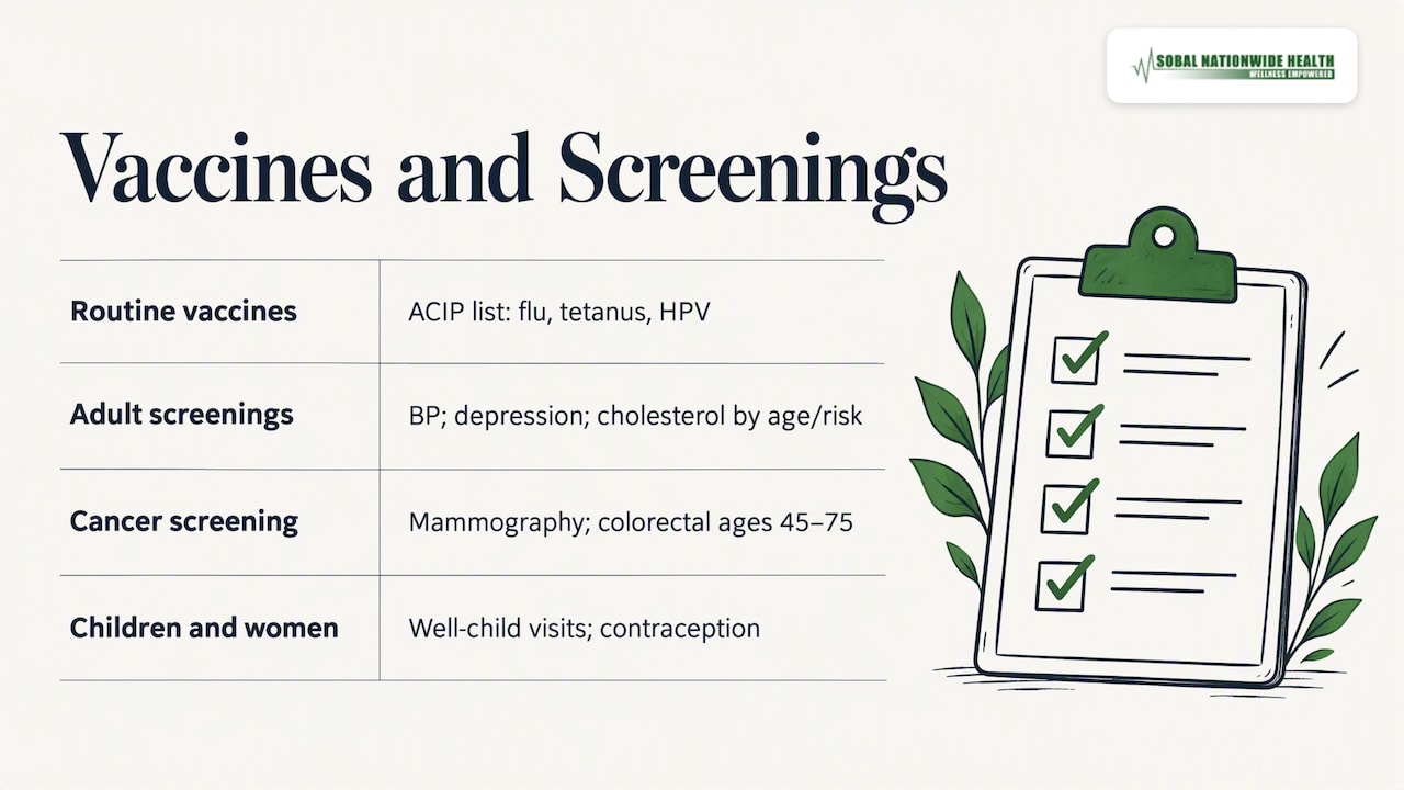 Which vaccines and screenings are on the list — overview diagram