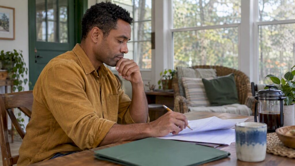 Man comparing health plan options at home