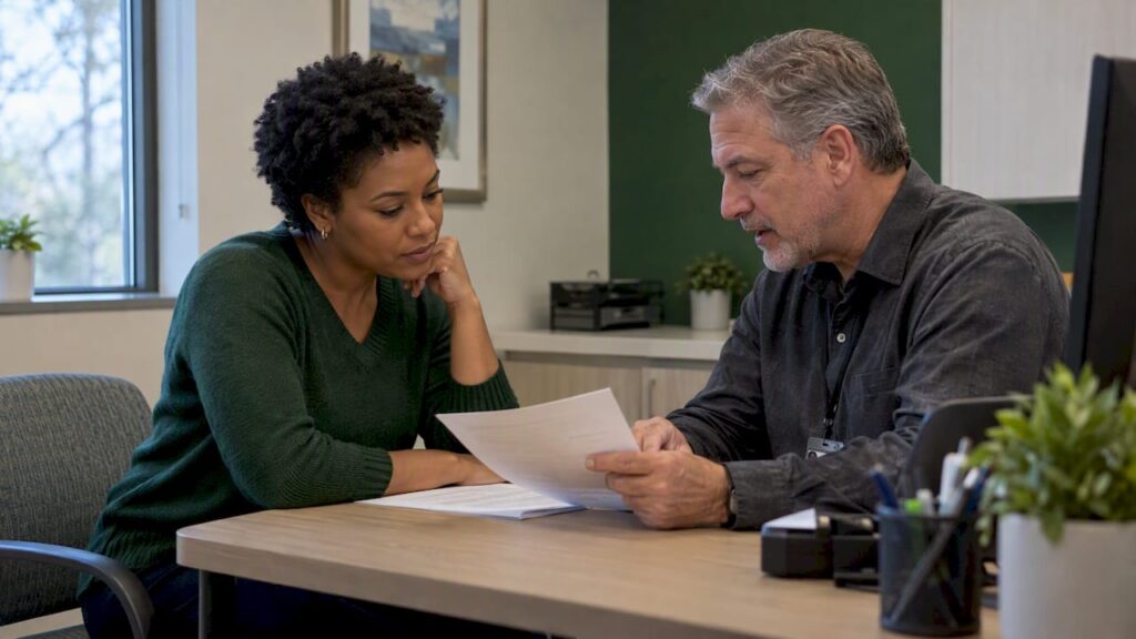 Patient and specialist review a medical bill