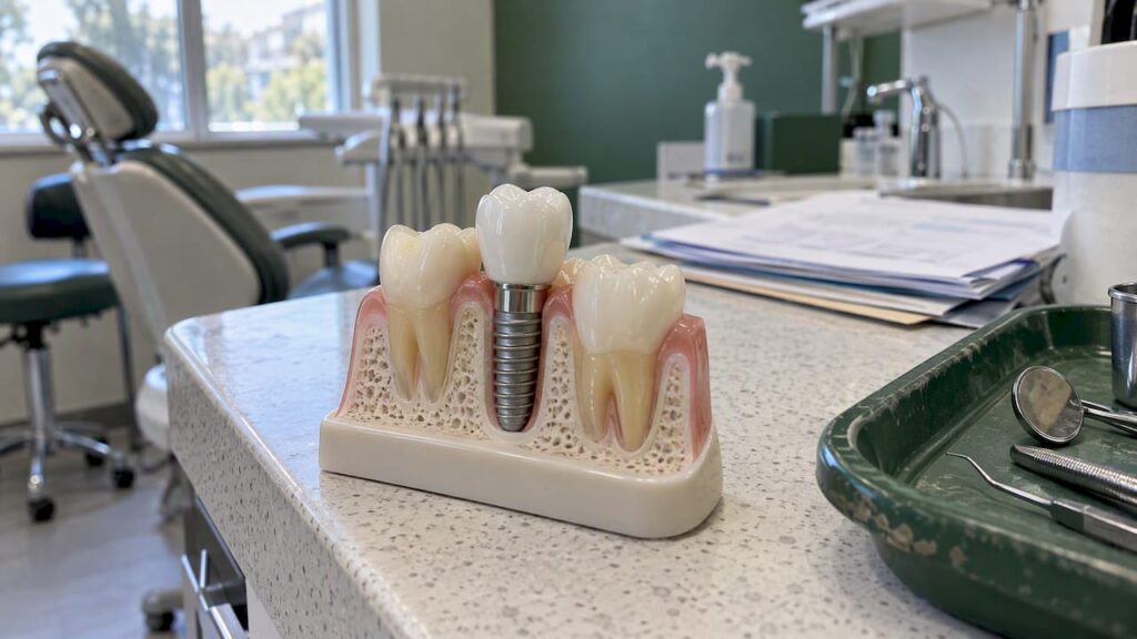 Dental implant model beside insurance plan pages