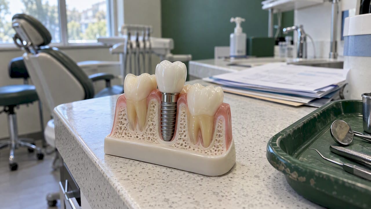 Dental implant model beside insurance plan pages