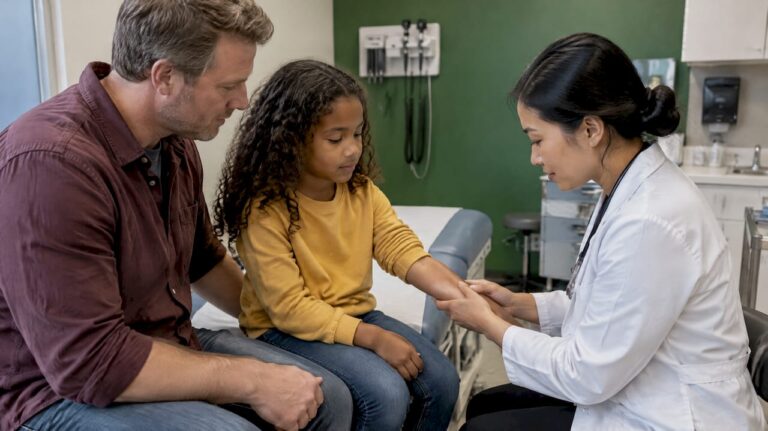 Father beside daughter during urgent care